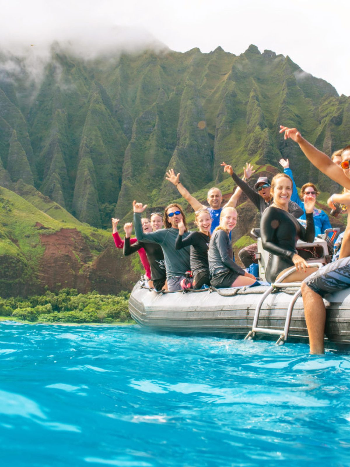 a group of people in a pool of water