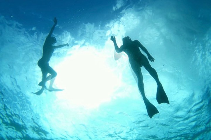 Two snorkelers silhouetted against bright sunlight underwater.