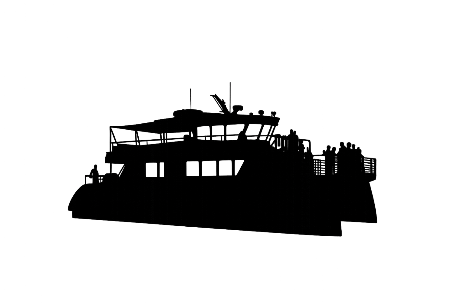 Silhouette of a passenger boat with people on deck against a plain background.