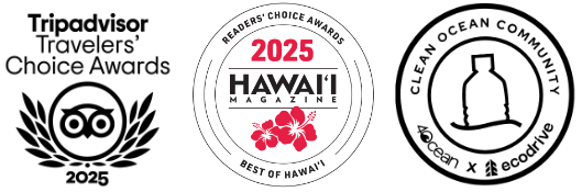 Three award logos: Tripadvisor 2025, Hawaii Magazine 2025, Clean Ocean Community.