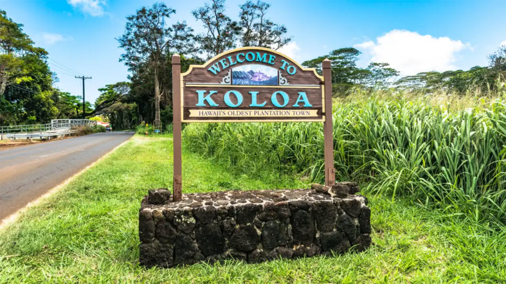 Sign reading 'Welcome to Koloa, Hawaii's Oldest Plantation Town' by a road and grassy field.