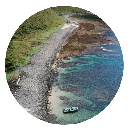Aerial view of rocky coast with grassy hills and a small boat on turquoise waters.