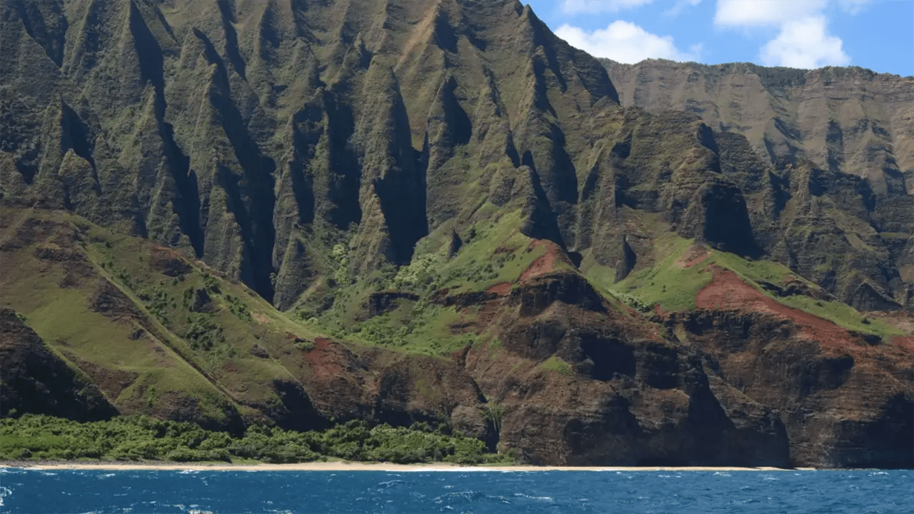 Cliffs and greenery near an ocean with clear blue sky.