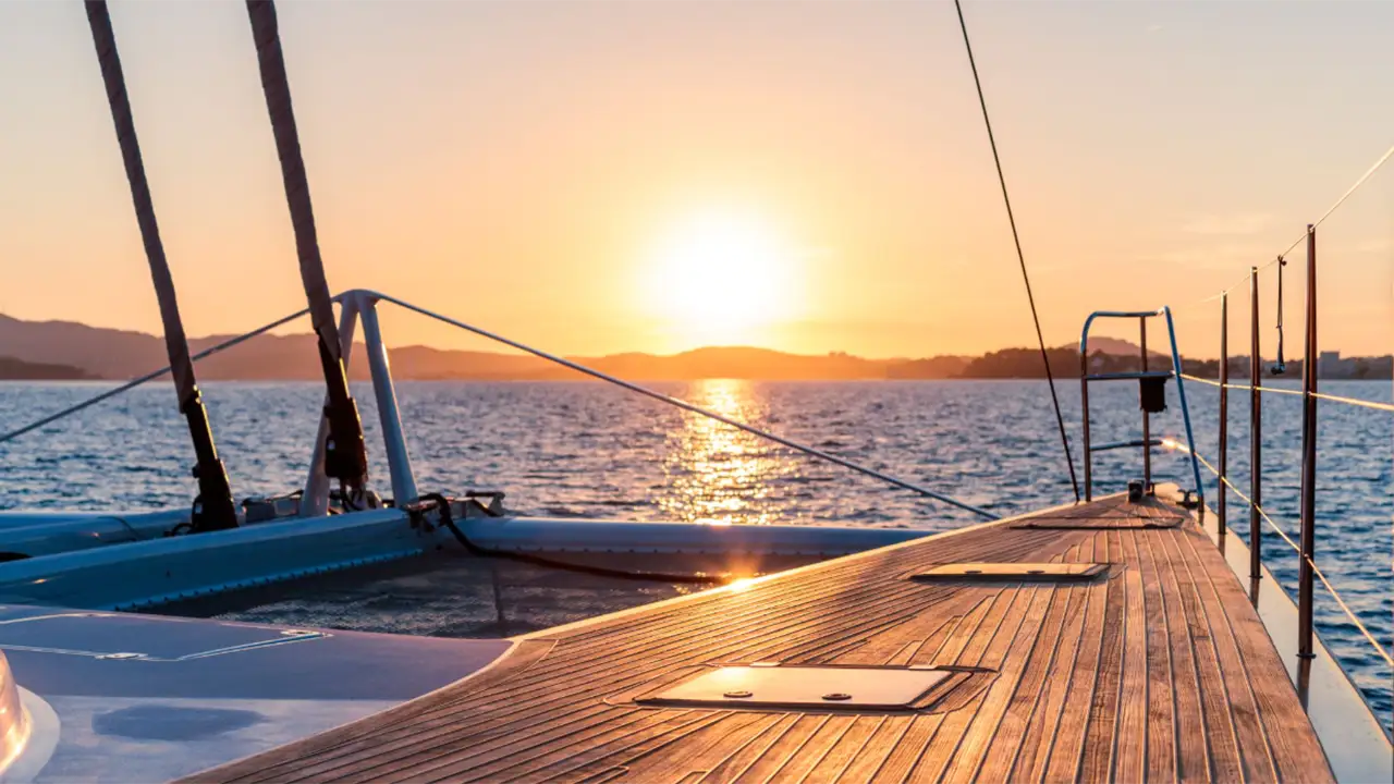 Sunset view from a yacht deck on the water with clear skies.
